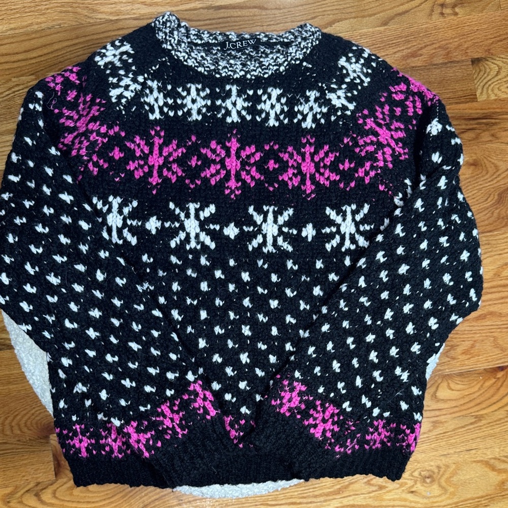 J. Crew Black and Pink snowflake fair isle Crew Neck Sweater